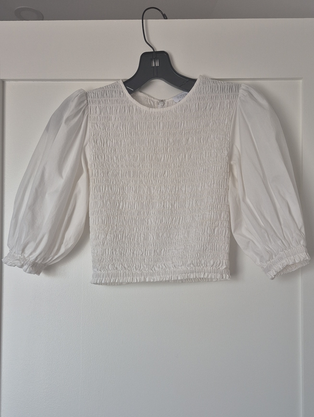 INTERMIX Cotton White Smocked Bodice Puff Sleeve Top- Petite